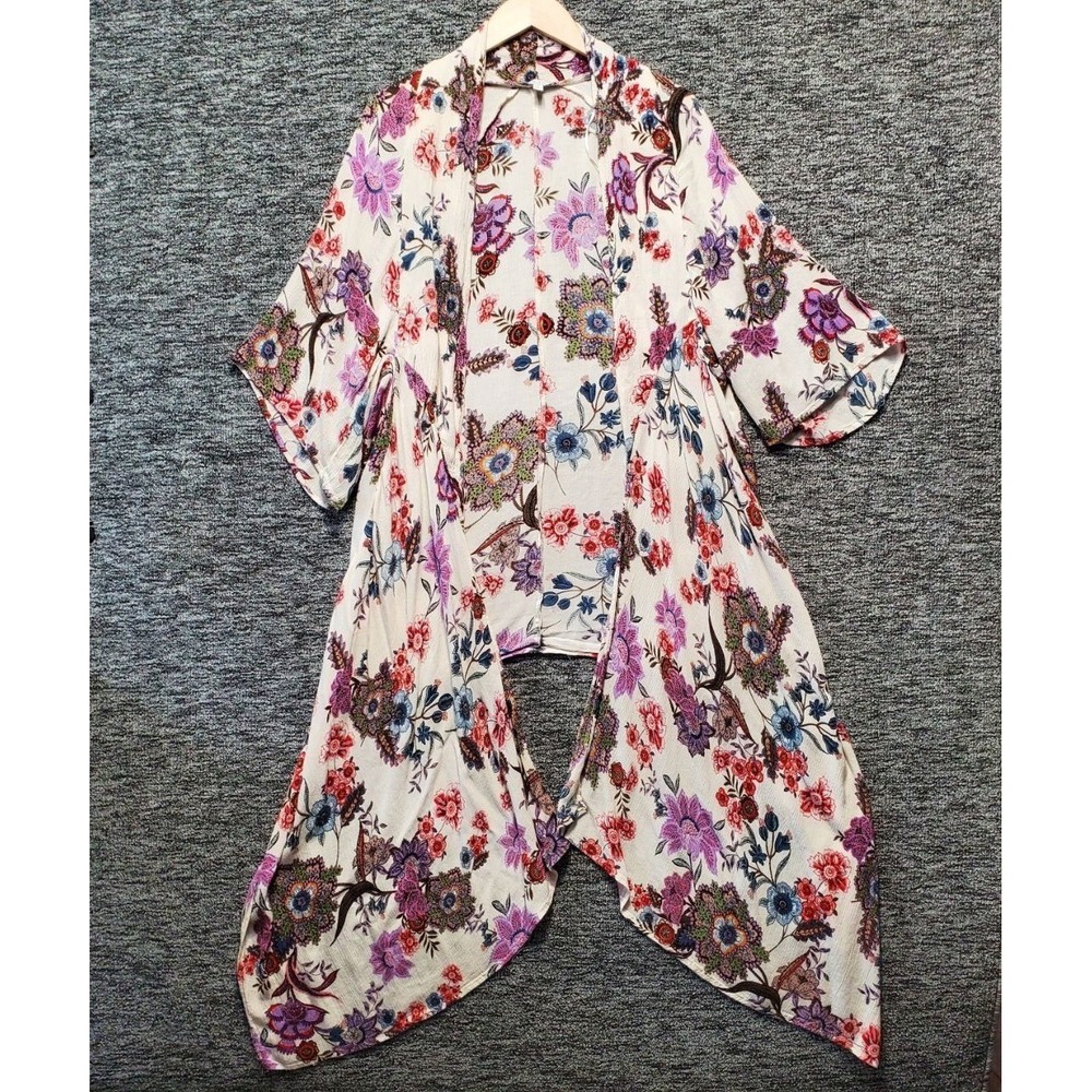 Patrons of Peace Boho Floral Kimono Cardigan Womens Small Cream Purple Duster